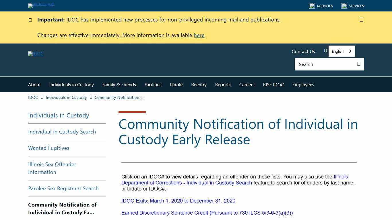 Community Notification of Individual in Custody Early Release